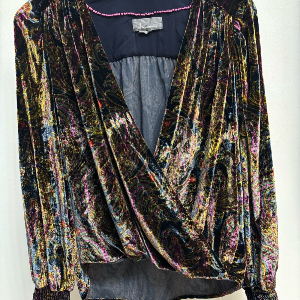 Anthropologie Gold and Green Long Sleeve Plunge V-Neck Wrap Blouse